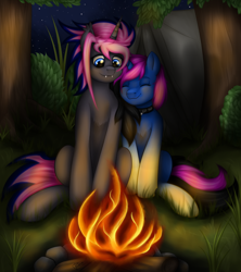 Size: 1600x1800 | Tagged: safe, artist:renaphin, oc, oc only, oc:harmony strips, oc:shiny saphir, species:pony, bush, campfire, camping, collar, commission, cuddling, fire, fireplace, forest, grass, night, sharp teeth, siblings, sisters, stars, teeth, tent, tree