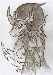 Size: 1184x1661 | Tagged: safe, artist:rossmaniteanzu, character:king sombra, character:queen chrysalis, species:pony, ship:chrysombra, antagonist, couple, female, male, shipping, straight, traditional art