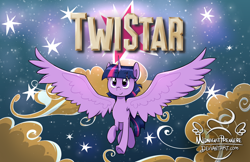 Size: 1500x970 | Tagged: safe, artist:midnightpremiere, character:twilight sparkle, character:twilight sparkle (alicorn), species:alicorn, species:pony, closing logo, cloud, columbia, female, flying, smiling, solo, spread wings, stars, text, tristar, wings