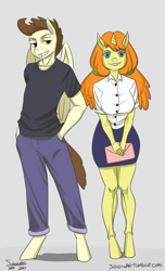 Size: 2000x3300 | Tagged: safe, artist:siberwar, character:pound cake, character:pumpkin cake, species:anthro, species:pegasus, species:pony, species:unguligrade anthro, species:unicorn, 30 minute art challenge, breasts, brother and sister, cake twins, clothing, cute, duo, female, grin, hands in pockets, legs, looking at you, male, mare, older, pants, pigtails, shirt, siblings, skirt, smiling, stallion, twins, twintails
