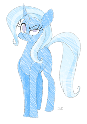 Size: 1034x1466 | Tagged: safe, artist:ogaraorcynder, derpibooru original, character:trixie, species:pony, species:unicorn, curved horn, female, looking at you, missing accessory, missing cutie mark, simple background, sketch, smiling, solo, white background