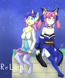 Size: 2988x3560 | Tagged: safe, artist:wolfy-pony, oc, oc only, species:anthro, species:human, species:pony, species:unguligrade anthro, animal ears, clothing, colored pupils, crossover, duo, ear piercing, earring, fate/extra, female, humanized, humanized oc, jewelry, looking at you, looking up, mare, night, open mouth, piercing, sitting, starry night, stars, tamamo no mae