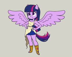 Size: 1900x1500 | Tagged: safe, artist:khuzang, character:twilight sparkle, my little pony:equestria girls, boots, breasts, clothing, commission, cute, determined, feet, female, greek, hand on hip, ponied up, shoes, simple background, skirt, smiling, solo, spread wings, standing, twiabetes, wings