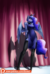 Size: 720x1080 | Tagged: safe, artist:d-lowell, character:princess luna, species:alicorn, species:anthro, species:plantigrade anthro, species:pony, arm behind back, blushing, cheongsam, clothing, cute, dress, female, lunabetes, mare, patreon, patreon logo, sexy, socks, solo, thigh highs