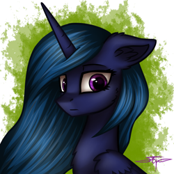 Size: 1000x1000 | Tagged: safe, artist:setharu, oc, oc only, oc:lacunae, species:alicorn, species:pony, fallout equestria, fallout equestria: project horizons, abstract background, alicorn oc, artificial alicorn, bust, fanfic, fanfic art, female, horn, mare, portrait, purple alicorn (fo:e), solo, wings