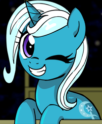 Size: 768x934 | Tagged: safe, artist:marcusmaximus, character:trixie, species:pony, species:unicorn, cute, cute little fangs, diatrixes, fangs, female, grin, minty fresh adventure, missing accessory, one eye closed, pony platforming project, smiling, solo, wink