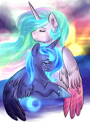 Size: 852x1158 | Tagged: safe, artist:not-ordinary-pony, character:princess celestia, character:princess luna, species:alicorn, species:pony, crying, duo, female, forgiveness, glowing mane, hug, mare, missing accessory, royal sisters, sad, sisters
