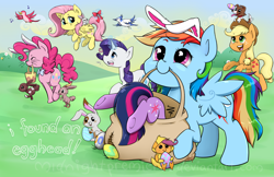 Size: 1500x970 | Tagged: safe, artist:midnightpremiere, character:angel bunny, character:applejack, character:fluttershy, character:pinkie pie, character:rainbow dash, character:rarity, character:scootaloo, character:twilight sparkle, character:winona, species:pegasus, species:pony, annoyed, bow, bunny ears, cute, dashabetes, easter, easter bunny, easter egg, female, mane six, mare, scootachicken, smiling, tail bow