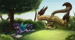 Size: 2500x1348 | Tagged: safe, artist:weird--fish, oc, oc only, species:changeling, species:griffon, book, duo, grass, tree