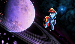 Size: 3195x1880 | Tagged: safe, artist:january3rd, character:rainbow dash, species:pegasus, species:pony, female, looking back, mare, planet, planetary ring, solo, space, stars