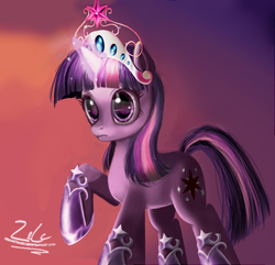 Size: 530x511 | Tagged: safe, artist:zelc-face, character:twilight sparkle, character:twilight sparkle (unicorn), species:pony, species:unicorn, big crown thingy, clothing, element of magic, female, glowing horn, jewelry, magic, regalia, shoes, solo