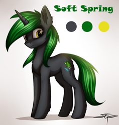 Size: 966x1017 | Tagged: safe, artist:setharu, oc, oc only, oc:soft spring, species:pony, species:unicorn, ear fluff, female, mare, reference sheet, signature, solo, standing