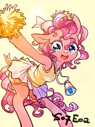 Size: 900x1200 | Tagged: safe, artist:toki, character:pinkie pie, species:earth pony, species:pony, episode:all bottled up, g4, my little pony: friendship is magic, armpits, bell, bipedal, bow, cheerleader, cheerleader pinkie, clothing, cute, diapinkes, female, floppy ears, hair bow, happy, jewelry, looking at you, mare, miniskirt, moe, necklace, open mouth, pom pom, simple background, skirt, skirt lift, smiling, solo, tank top, yellow background