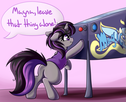 Size: 2629x2122 | Tagged: safe, artist:graphene, oc, oc only, oc:magna-save, species:pony, species:unicorn, blank flank, clothing, commission, dialogue, female, filly, pinball, pinball machine, scrunchy face, solo, speech bubble