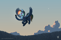 Size: 3000x2000 | Tagged: safe, artist:katputze, character:rainbow dash, species:pegasus, species:pony, backwards cutie mark, cellphone, cloud, cute, dashabetes, female, flying, mare, multicolored hair, open mouth, phone, selfie, sky, smartphone, solo, spread wings, sunset, uncanny valley, wings