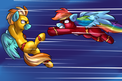 Size: 1536x1028 | Tagged: safe, artist:not-ordinary-pony, character:lightning dust, character:rainbow dash, species:pegasus, species:pony, clothing, crossover, flight suit, flying, professor zoom, reverse-flash, the flash