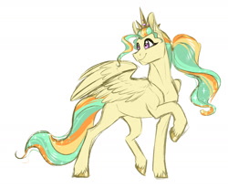 Size: 2004x1655 | Tagged: safe, artist:vindhov, oc, oc only, parent:princess celestia, parent:sunset shimmer, parents:sunsestia, species:pegasus, species:pony, crown, female, galaxy mane, jewelry, magical lesbian spawn, mare, offspring, raised hoof, regalia, simple background, solo, white background
