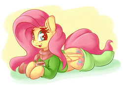 Size: 2376x1648 | Tagged: safe, artist:graphene, character:fluttershy, species:pegasus, species:pony, bottomless, chocolate, clothing, cute, digital art, dock, female, food, green socks, green stockings, green sweater, hot chocolate, looking at you, lying down, mare, open mouth, partial nudity, prone, scarf, shyabetes, smiling, socks, solo, stockings, sweater, sweatershy, thigh highs