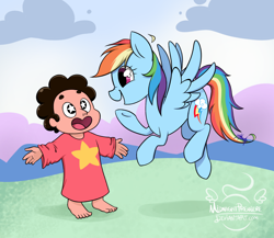 Size: 1150x1000 | Tagged: safe, artist:midnightpremiere, character:rainbow dash, species:human, species:pegasus, species:pony, clothing, cloud, crossover, cute, female, flying, looking at each other, mare, open mouth, oversized clothes, sky, smiling, starry eyes, steven quartz universe, steven universe, wingding eyes, younger