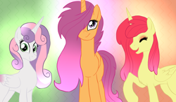 Size: 1752x1026 | Tagged: safe, artist:not-ordinary-pony, character:apple bloom, character:scootaloo, character:sweetie belle, species:alicorn, species:pegasus, species:pony, adorabloom, alicornified, bloomicorn, cute, cutie mark crusaders, eyes closed, female, hair over one eye, looking at you, mare, older, race swap, red hair, scootacorn, smiling, sweetiecorn, trio