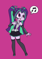Size: 1071x1500 | Tagged: safe, artist:khuzang, character:aria blaze, equestria girls:rainbow rocks, g4, my little pony: equestria girls, my little pony:equestria girls, ariatsune miku, boots, clothing, crossover, cute, female, hatsune miku, headset, miniskirt, music notes, necktie, pigtails, pleated skirt, purple background, simple background, singing, skirt, sleeveless, smiling, socks, solo, thigh boots, thigh highs, thighs, twintails, vocaloid, when she smiles