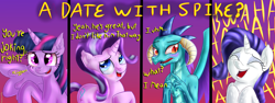 Size: 4000x1500 | Tagged: safe, artist:eifiechan, character:princess ember, character:rarity, character:starlight glimmer, character:twilight sparkle, character:twilight sparkle (alicorn), species:alicorn, species:dragon, species:pony, species:unicorn, comic, dialogue, dragoness, female, laughing, mare, shipping denied, wahaha