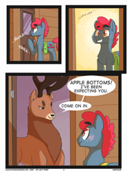 Size: 2000x2700 | Tagged: safe, artist:xieril, character:apple split, oc, oc:oaken, species:deer, species:pony, comic:buck of the draw, apple family member, blushing, comic, dialogue, explicit series, explicit source, gay, male, saddle bag, saddle up 2: creature comforts, shipping, speech bubble