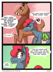 Size: 2000x2700 | Tagged: safe, artist:xieril, character:apple split, oc, oc:oaken, species:deer, species:pony, comic:buck of the draw, annoyed, apple family member, blushing, comic, dialogue, explicit series, explicit source, floppy ears, gay, male, pun, saddle bag, saddle up 2: creature comforts, shipping, speech bubble