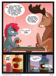 Size: 2000x2700 | Tagged: safe, artist:xieril, character:apple split, oc, oc:oaken, species:deer, species:pony, comic:buck of the draw, alcohol, apple family member, comic, dialogue, explicit series, explicit source, gay, male, poker, saddle up 2: creature comforts, shipping, speech bubble, sweat