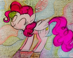 Size: 1024x808 | Tagged: safe, artist:lauren faust, artist:project-parallel, character:pinkie pie, species:pegasus, species:pony, abstract background, eyes closed, female, happy, race swap, smiling, solo, traditional art
