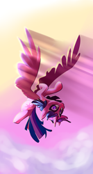 Size: 1600x2987 | Tagged: safe, artist:lilfunkman, artist:sourspot, character:twilight sparkle, character:twilight sparkle (alicorn), species:alicorn, species:pony, backbend, big wings, cloud, collaboration, female, flying, looking at you, mare, smiling, solo, wings