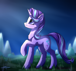 Size: 1920x1792 | Tagged: safe, artist:setharu, character:starlight glimmer, species:pony, species:unicorn, cute, female, glimmerbetes, grass, looking up, mare, moonlight, night, raised hoof, smiling, solo