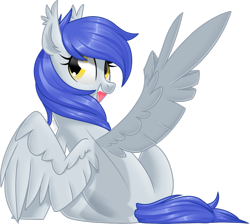Size: 1024x918 | Tagged: safe, artist:kellythedrawinguni, oc, oc only, oc:gabriel, species:pegasus, species:pony, 2018 community collab, derpibooru community collaboration, commission, female, looking back, mare, one wing out, rear view, simple background, sitting, smiling, solo, transparent background