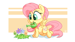 Size: 3840x2160 | Tagged: safe, artist:pirill, character:fluttershy, species:pony, chibi, cute, female, flower, fluttershy day, looking at something, looking down, shyabetes, simple background, solo, spread wings, watering, watering can, wings