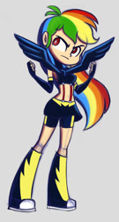 Size: 806x1498 | Tagged: safe, artist:khuzang, character:rainbow dash, species:human, anime, belly button, clothing, cosplay, costume, crossover, erica mendez, female, gray background, humanized, kill la kill, light skin, midriff, ryuko matoi, simple background, solo, suspenders, voice actor joke