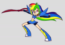 Size: 1742x1199 | Tagged: safe, artist:khuzang, character:rainbow dash, species:human, armpits, belly button, boots, clothing, compression shorts, crossover, erica mendez, female, gray background, humanized, kill la kill, light skin, midriff, ryuko matoi, scissor blade, shoes, simple background, skirt, solo, voice actor joke, weapon