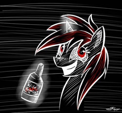 Size: 528x492 | Tagged: safe, artist:setharu, oc, oc only, oc:blackjack, species:pony, species:unicorn, fallout equestria, fallout equestria: project horizons, alcohol, bust, drink, glowing horn, portrait, signature, smiling, solo, whiskey, wild pegasus