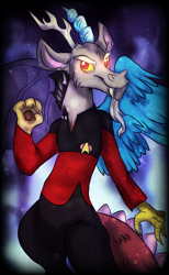 Size: 960x1556 | Tagged: dead source, safe, artist:not-ordinary-pony, character:discord, clothing, crossover, disqord, fangs, glowing eyes, looking at you, q, red eyes, smiling, star trek, uniform, voice actor joke