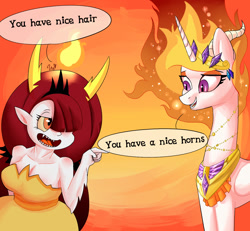 Size: 1300x1200 | Tagged: safe, artist:passigcamel, character:nightmare star, character:princess celestia, species:alicorn, species:pony, compliment, crossover, dialogue, disney, female, grammar error, hekapoo, looking at each other, mare, smiling, speech bubble, star vs the forces of evil