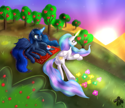 Size: 2300x2000 | Tagged: safe, artist:eifiechan, character:princess celestia, character:princess luna, species:alicorn, species:pony, duo, female, food, glowing horn, grass, hill, mare, missing accessory, popcorn, relaxing, royal sisters, sunrise, sweet apple acres, tree