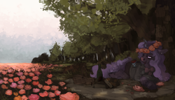 Size: 4200x2400 | Tagged: safe, artist:celestiawept, oc, oc only, oc:tender thought, species:pony, species:unicorn, absurd resolution, alcohol, basket, book, bottle, clothing, cup, drinking, floral head wreath, flower, flower field, forest, lidded eyes, looking at something, magic, picnic, picnic basket, prone, solo