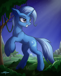 Size: 1080x1345 | Tagged: safe, artist:setharu, character:trixie, species:pony, species:unicorn, cheek fluff, female, fluffy, grin, mare, rearing, smiling, solo