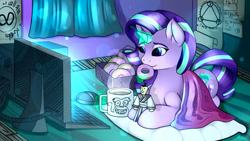 Size: 1920x1080 | Tagged: safe, artist:malamol, character:starlight glimmer, species:pony, species:unicorn, bedroom, blanket, computer, cute, donut, eating, female, food, glimmerbetes, glowing horn, magic, mare, pillow, samurai jack, smiling, solo, telekinesis
