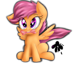 Size: 2300x2000 | Tagged: safe, artist:eifiechan, character:scootaloo, species:pegasus, species:pony, behaving like a dog, chew toy, colored pupils, cute, cutealoo, female, filly, mare, scootapup, simple background, solo, spread wings, transparent background, wings