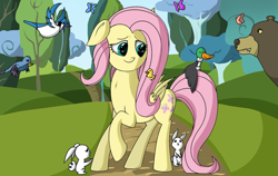 Size: 1427x900 | Tagged: safe, artist:zsparkonequus, character:fluttershy, species:bird, species:duck, species:mallard, species:pegasus, species:pony, species:rabbit, animal, bear, butterfly, duckling, female, grass, male, mare, scenery, smiling, tree