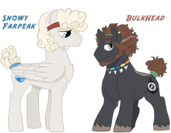 Size: 960x750 | Tagged: safe, artist:dbkit, character:dumbbell, oc, oc only, oc:bulkhead, oc:snowy farpeak, species:earth pony, species:pegasus, species:pony, female, male, mare, parent, previous generation, simple background, stallion, transparent background