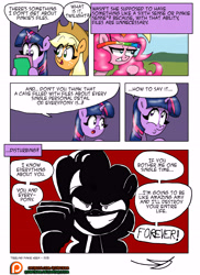 Size: 5100x7014 | Tagged: safe, artist:ringteam, character:applejack, character:pinkie pie, character:twilight sparkle, species:pony, episode:party pooped, g4, my little pony: friendship is magic, absurd resolution, clothing, comic, forever, hat, not creepy, paranoia fuel, party cave, patreon, patreon logo, umbrella hat