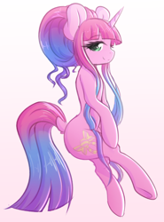 Size: 1280x1733 | Tagged: safe, artist:fluffymaiden, oc, oc only, oc:sugar lace, species:pony, species:unicorn, dock, female, gradient background, gradient hair, looking at you, mare, semi-anthro, simple background, smiling, solo, white background