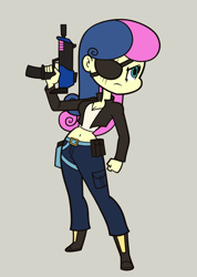 Size: 1142x1600 | Tagged: safe, artist:khuzang, character:bon bon, character:sweetie drops, my little pony:equestria girls, badass, belly button, bon bond, breasts, cleavage, clothing, equestrian city, eyepatch, female, gray background, gun, humanized, midriff, mp7, pants, scar, serious, serious face, simple background, solo, submachinegun, weapon