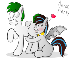 Size: 3500x3000 | Tagged: safe, artist:aarondrawsarts, oc, oc only, oc:bing, oc:breezy, species:bat pony, species:earth pony, species:pony, bingzy, biting, blushing, butt bite, butthug, couple, eyes closed, female, gritted teeth, heart, hug, kuledud3, literal butthurt, ouch, pain, plot, raised hoof, shipping, shrunken pupils, simple background, sitting, spread wings, trans female, transgender, transparent background, wings